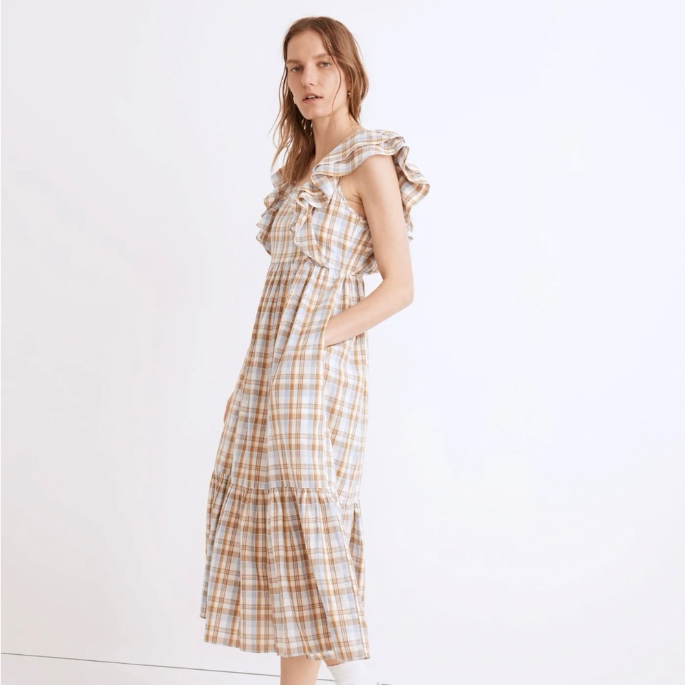 Madewell Ruffle Sleeve Plaid Tiered Midi Dress NWT Size 10